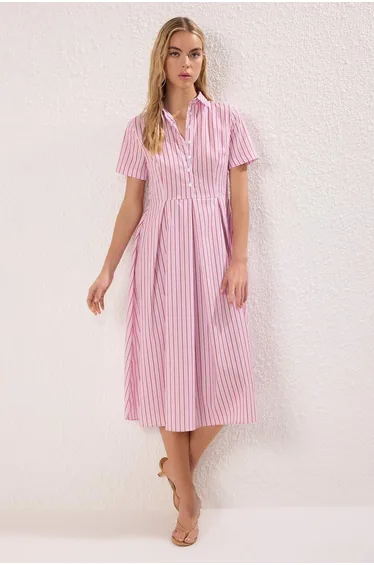 فستان ميدي مخطط بخصر بفتحات - زهري