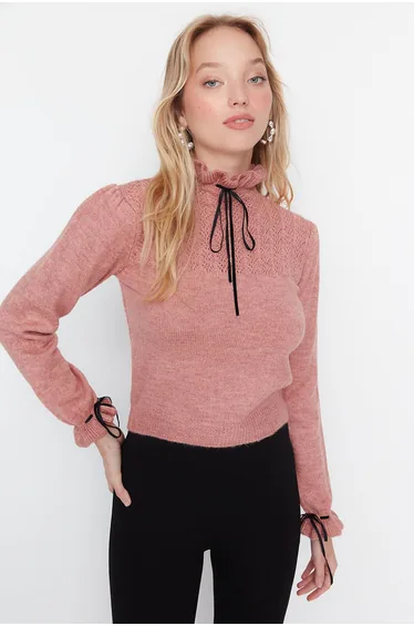 Dried Rose Soft Textured Openwork/Perforated Knitwear Sweater