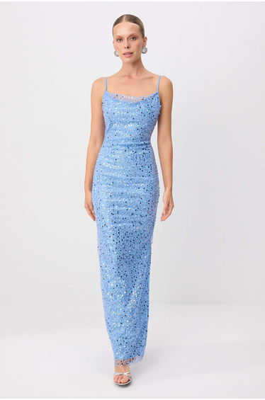 Light Blue Degaje Collar Shift/Straight Cut Maxi Knitted Evening & Graduation Dress