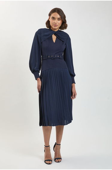 Petite Ponte And Georgette Mix Balloon Sleeve Cut Out Detail Pleated Maxi Dress