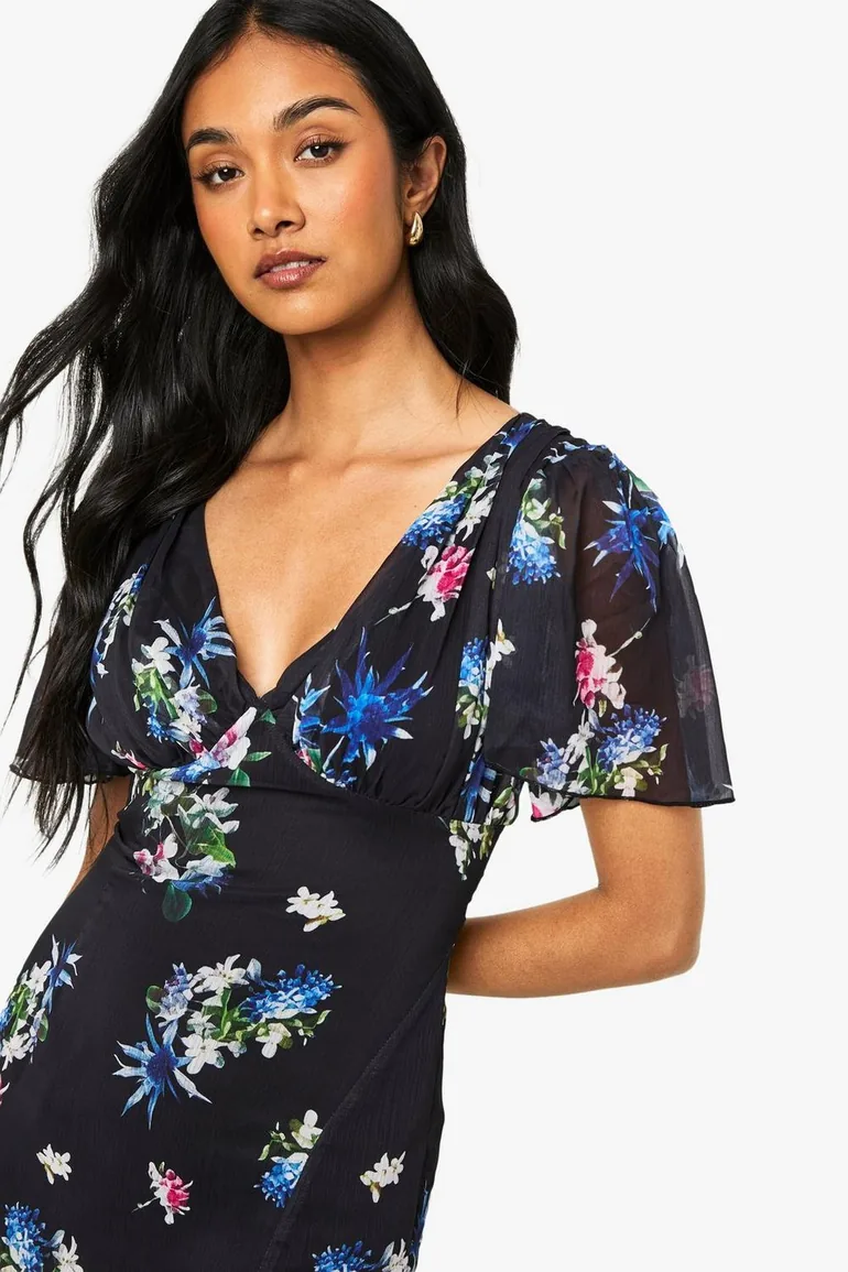 Floral Angel Sleeve Chiffon Plunge Maxi Dress - black - 3