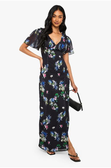 Floral Angel Sleeve Chiffon Plunge Maxi Dress - black
