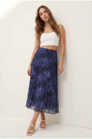 Navy Blue Patterned Lined Chiffon Pleated Midi Skirt