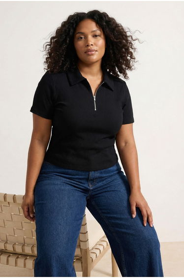 Black Zippered Polo Collar Camisole Knitted Plus Size Blouse