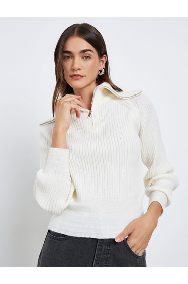 Off White Ribbed Knit Top with Half Zip