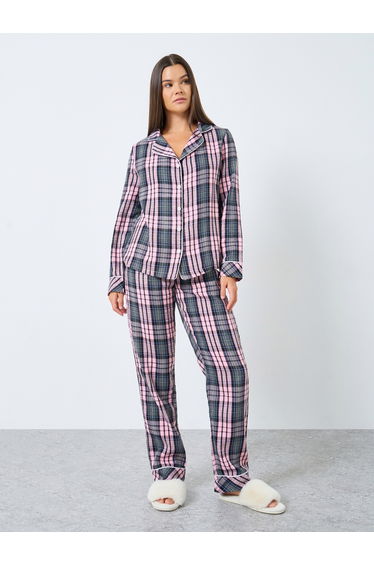 Checked Print Button Placket Piped Shirt and Pyjama Set