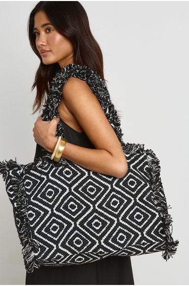 Oversized Frayed Edge Jacquard Beach Bag - black