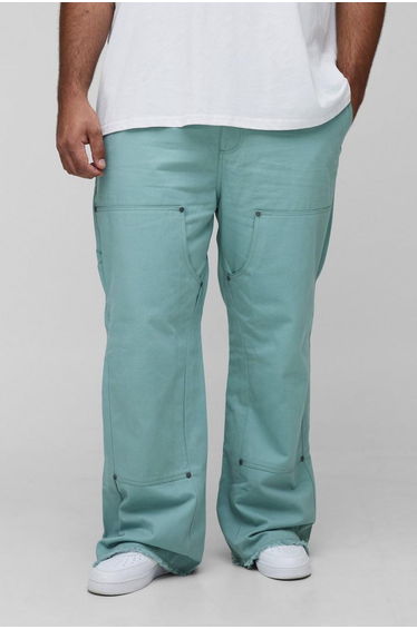 Plus Slim Fit Washed Raw Hem Carpenter Flared Trousers