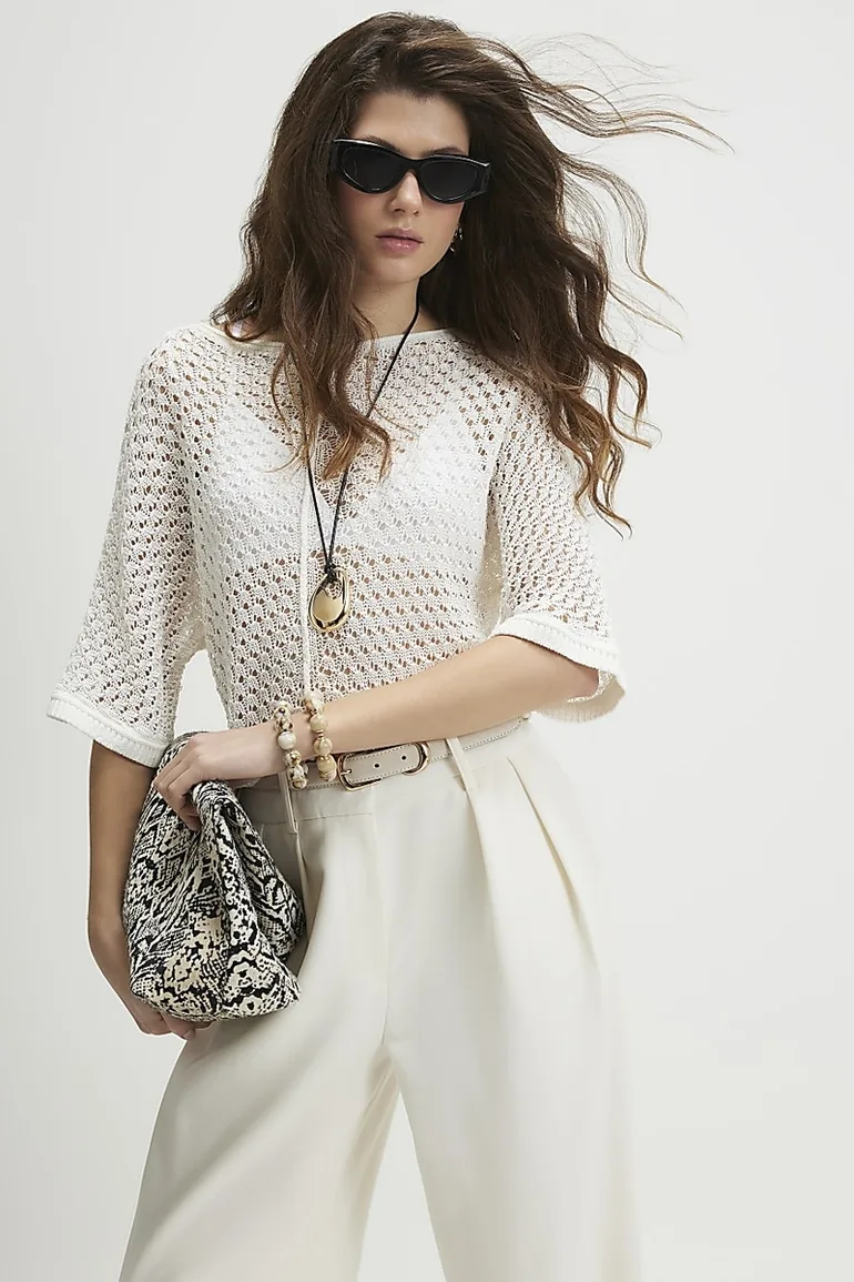 White Open Stitch Knitted T-shirt - 2