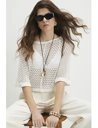 White Open Stitch Knitted T-shirt - 1