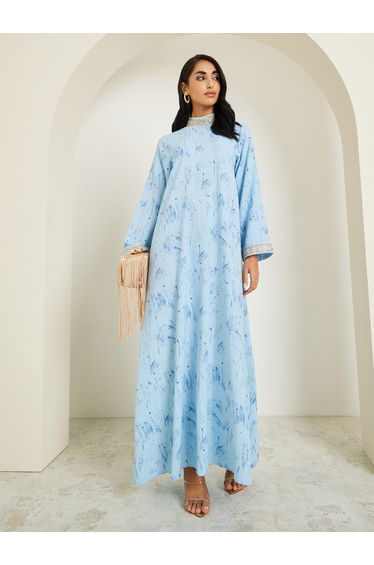 Women Blue Embellished Collar Jalabiya