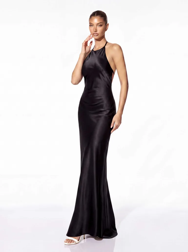 Asteron Backless Satin Maxi Dress In Black