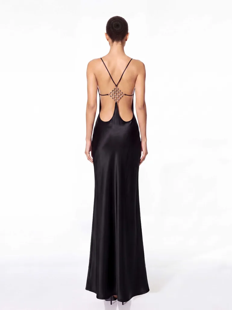 Asteron Backless Satin Maxi Dress In Black - 1