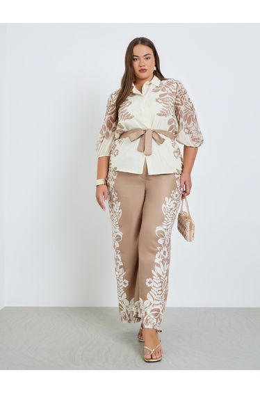 Plus Size Women Beige Floral Wide Leg Trousers