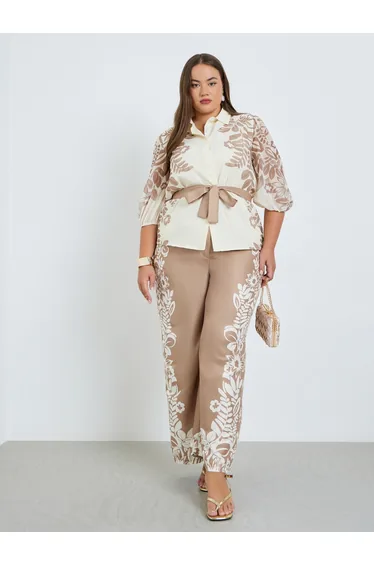 Plus Size Women Beige Floral Wide Leg Trousers
