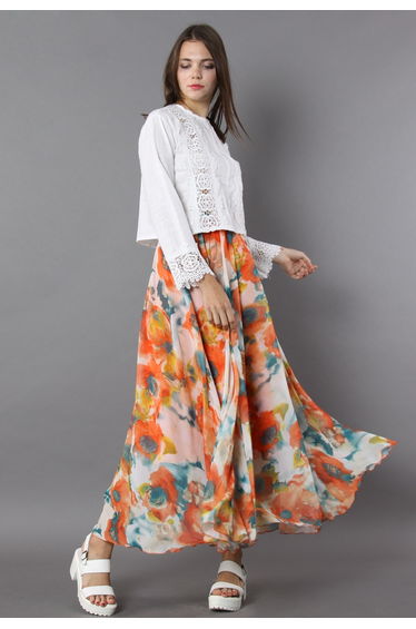 Orange Blossom Watercolor Maxi Skirt