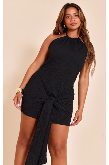 Shape Black Textured Halterneck Wrap Front Mini Dress