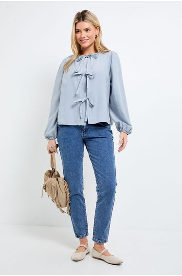 Tie Front Blouson Sleeve Blouse