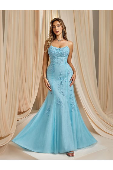 Modecrush 2025 Light Blue Embroidered Floral Applique Evening Gown
