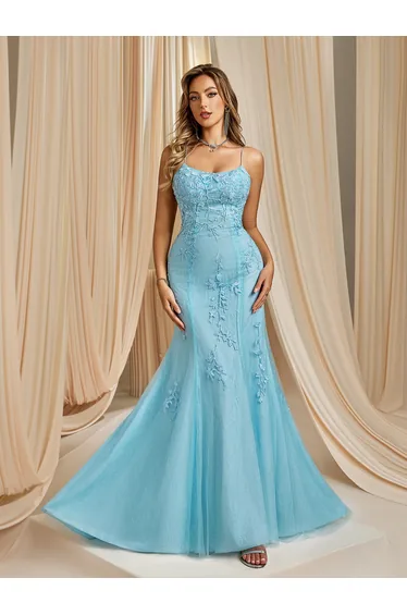 فستان ليلي شيفون أزرق طول الأرض بقصة ميرمايد