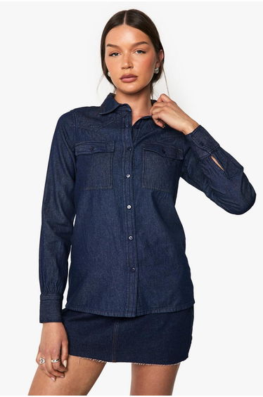 Chambray Denim Long Sleeve Western Shirt - indigo
