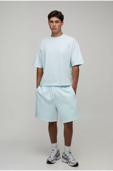 Oversized Boxy Fleur De Lis T-Shirt & Baggy Short Set - blue