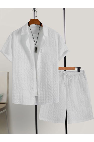 Men White Textured Short Sleeve Button Front Shirt and Shorts Co-Ords