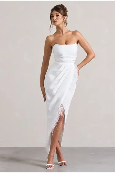 Chosen | White Bandeau Wrap Maxi Dress With Feather Trim