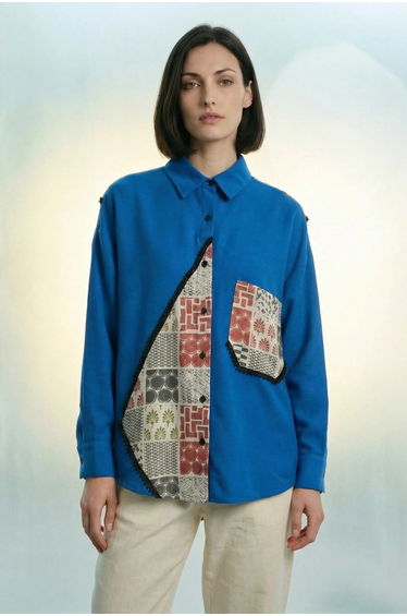 MY FASHION Geometric Print Linen Blend Button-Up Shirt