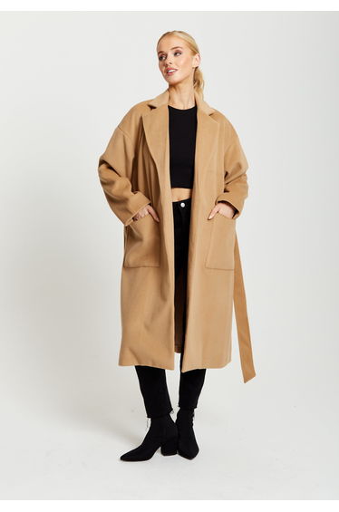 Women's Camel Longline Coat with Notch Colla