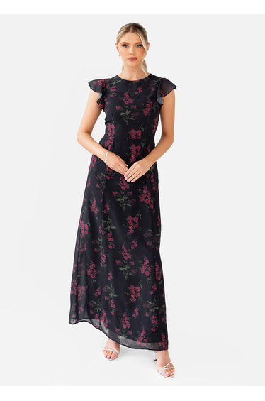 Anaya With Love Black Floral Flutter Sleeve Maxi Dress with Self-Tie Back