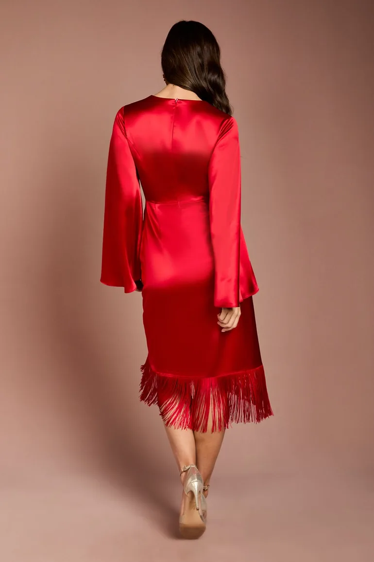 Satin Fringe Hem Wrap Waist Midi Dress - 2