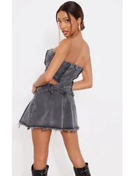 Washed Black Distressed Edge Lace Front Denim Corset Top - 1