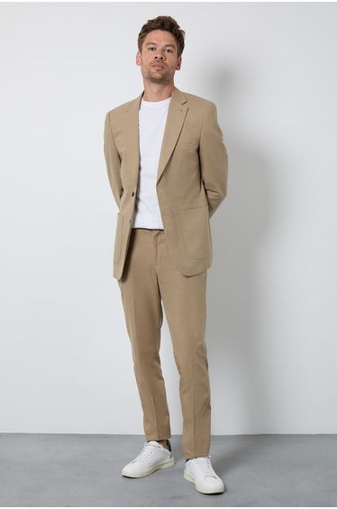 Dark Beige Linen Slim Fit Suit Jacket