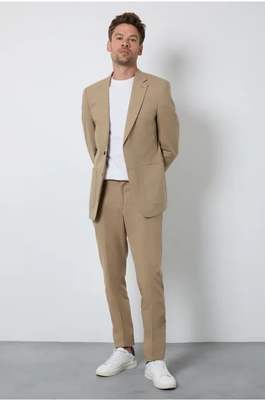 Dark Beige Linen Slim Fit Suit Jacket