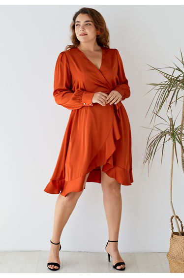 Asymmetric Ruffle Hem Wrap Satin Dress in Orange