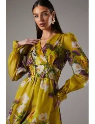 Printed Blouson Sleeve Organza Midi Dress - 1