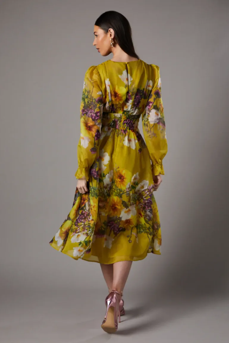 Printed Blouson Sleeve Organza Midi Dress - 2