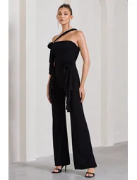 Tia | Black Asymmetric Sleeveless Flared-Leg Jumpsuit With Flowers - 3