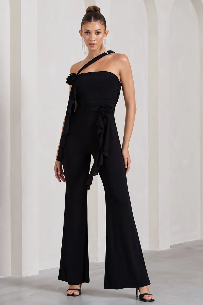 Tia | Black Asymmetric Sleeveless Flared-Leg Jumpsuit With Flowers - 4
