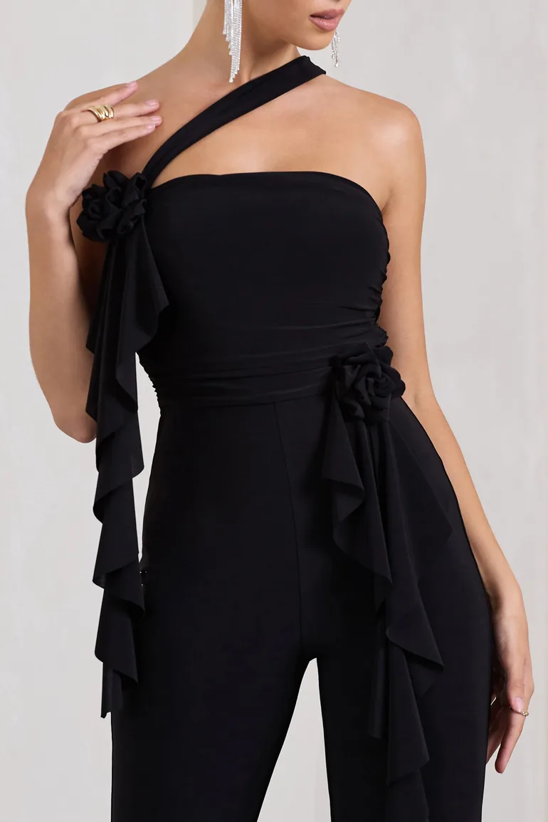 Tia | Black Asymmetric Sleeveless Flared-Leg Jumpsuit With Flowers - 2