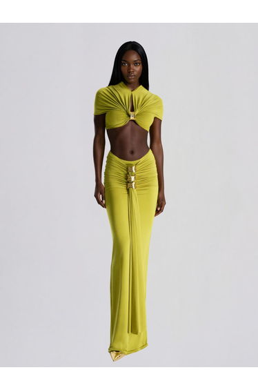 Lorven Ruched Skirt Set In Chartreuse