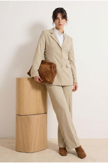 Beige Fitted Polyviscose Plain Woven Side Tie Detailed Hijab Bottom - Top Set