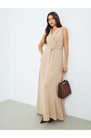 Women Beige Sleeveless Blazer Maxi Dress