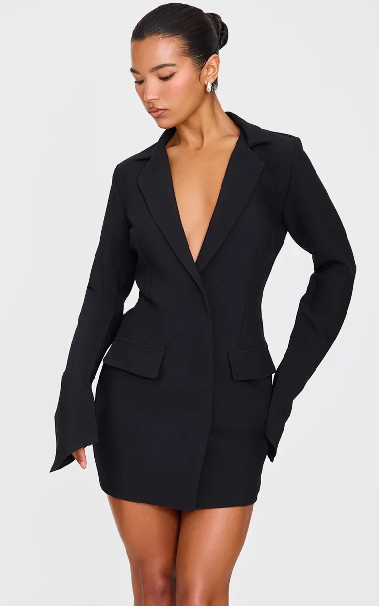 Black Woven Wrap Belt Blazer Dress - 1