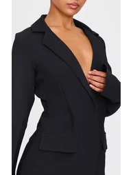 Black Woven Wrap Belt Blazer Dress - 3