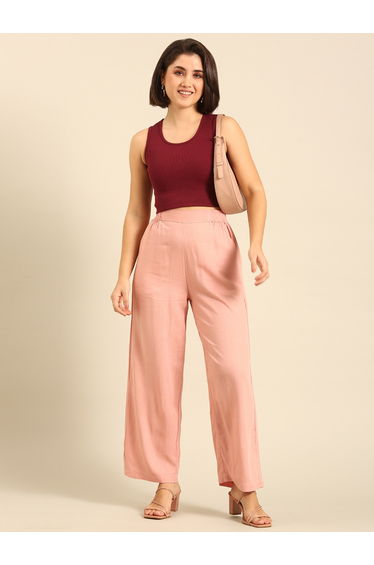 Pink Solid Wide Leg Pants