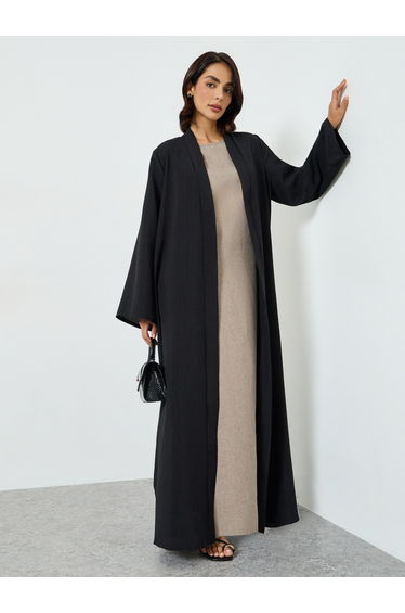 Black Front Open Flared Solid Abaya