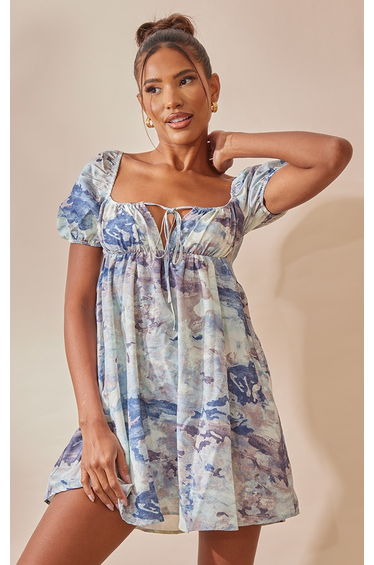 Grey Abstract Print Woven Ruched Bust Shift Dress