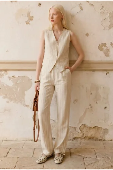 MY FASHION Striped High Waist V-Neck Wide Leg Two-Piece Coord Set